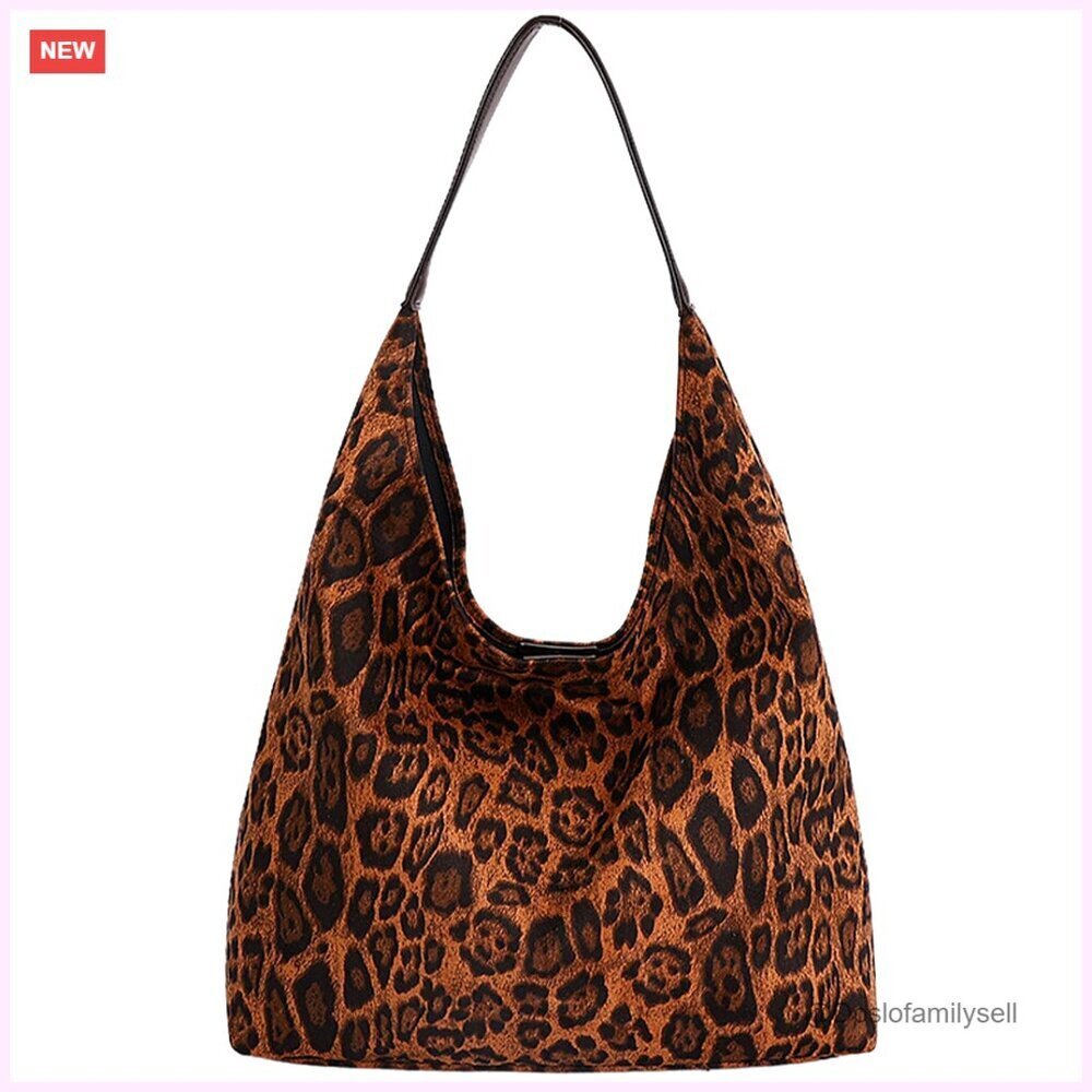 Leopard Print Tote Bag Faux Suede Hobo Purse Large Capacity Vintage Shoulder